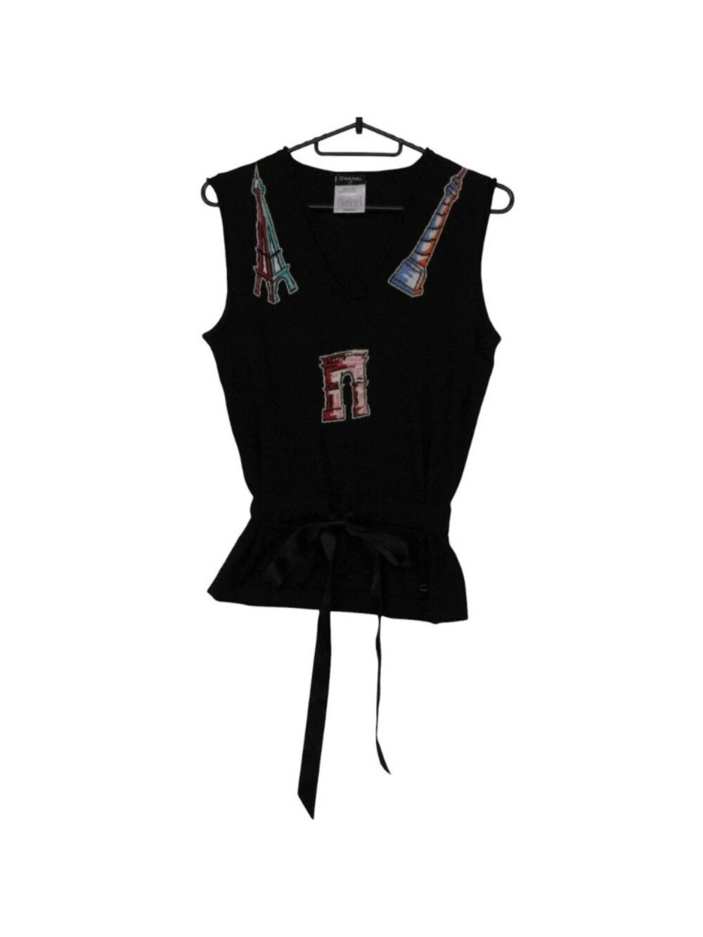 Chanel Top Cashmere Silk Waist Belt Sleeveless Top Logo Black